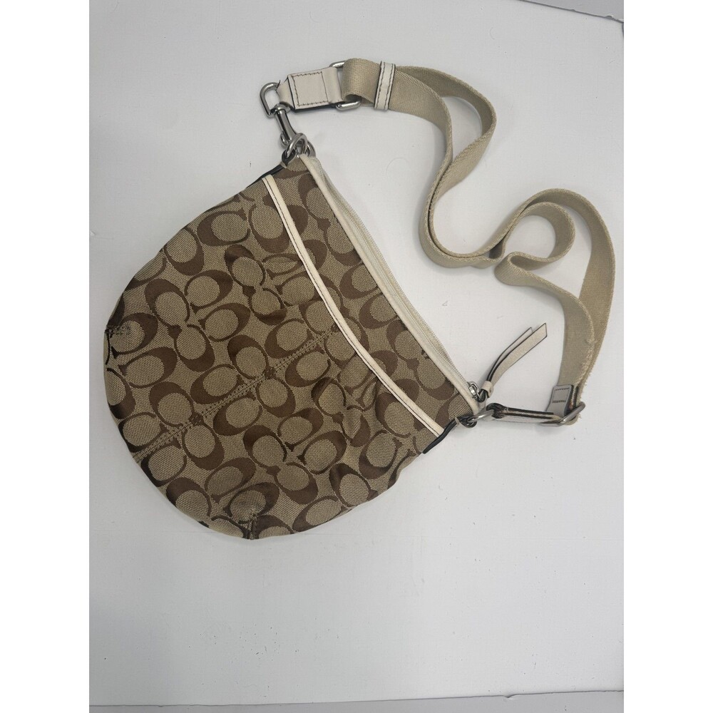 Coach Signature Jacquard Crossbody Swingpack Khaki Tan Leather Trim